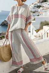Striped Batwing Sleeve T-shirt and Pants Suit