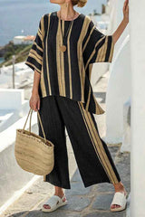 Striped Batwing Sleeve T-shirt and Pants Suit