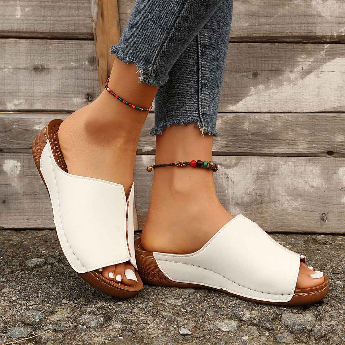 Summer Wedge Sandals – Peep-Toe, Thick Sole, Casual Outdoor Slides - Muselune