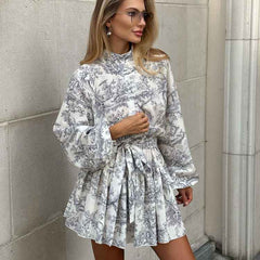 Ink Print A-Line Sleeve Short Dress - Muselune