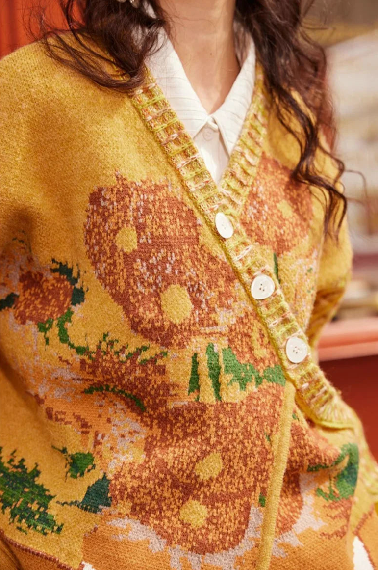 Muse Van Gogh Floral Knitwear Coat - Artistic Jacquard Design Muselune