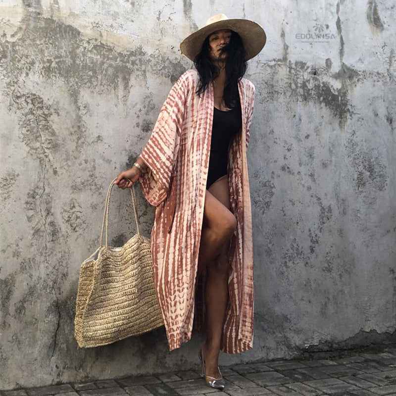 Boho Print Kimono Cover-Up – Belted Beach Dress - Muselune