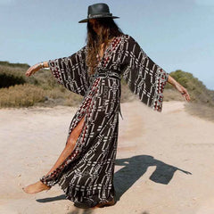 Boho Print Kimono Cover-Up – Belted Beach Dress - Muselune