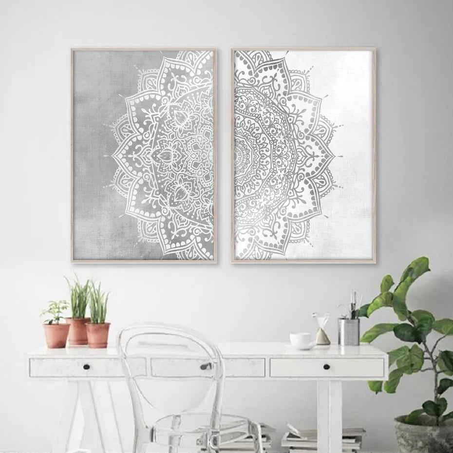 Bohemian Mandala Yoga Canvas – Beige, Grey & White Wall Art - Muselune