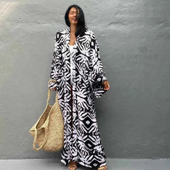 Boho Print Kimono Cover-Up – Belted Beach Dress - Muselune