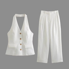 Chic Halter Retro Vest Blouse+pleated Suit - Muselune