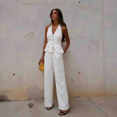 Chic Halter Retro Vest Blouse+pleated Suit - Muselune