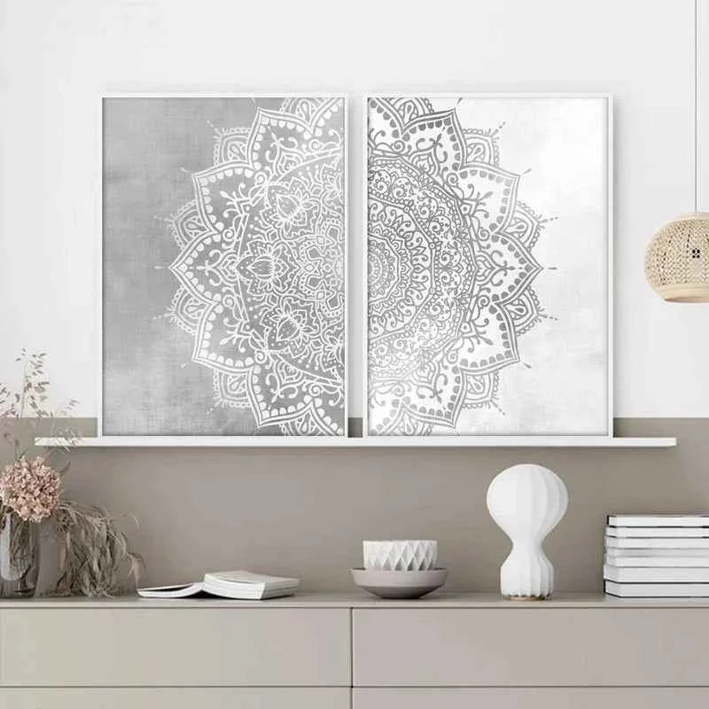 Bohemian Mandala Yoga Canvas – Beige, Grey & White Wall Art - Muselune