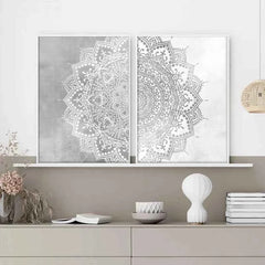 Bohemian Mandala Yoga Canvas – Beige, Grey & White Wall Art - Muselune