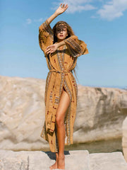 Boho Print Kimono Cover-Up – Belted Beach Dress - Muselune