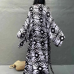 Boho Print Kimono Cover-Up – Belted Beach Dress - Muselune