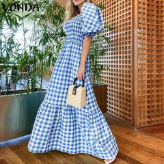 Vintage Plaid Sundress – Short Sleeve Boho Maxi - Muselune