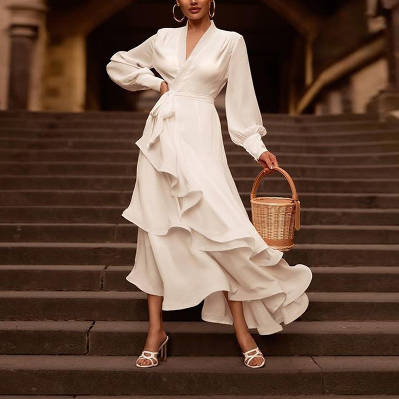 V-neck Long Sleeve Ruffle Prom Dress