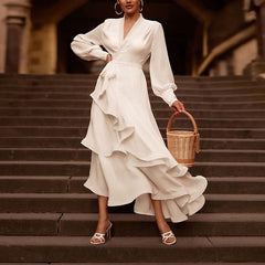 V-neck Long Sleeve Ruffle Prom Dress