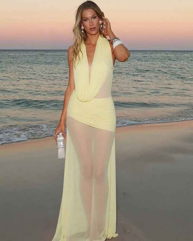 Sexy Swing Collar Mesh See-through Long Dresses - Muselune