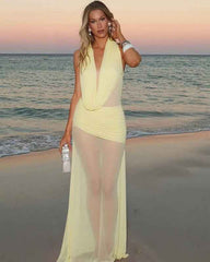 Sexy Swing Collar Mesh See-through Long Dresses - Muselune