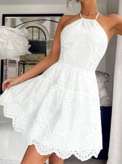Lace Patchwork High Waist A- Line White Dresses - Muselune