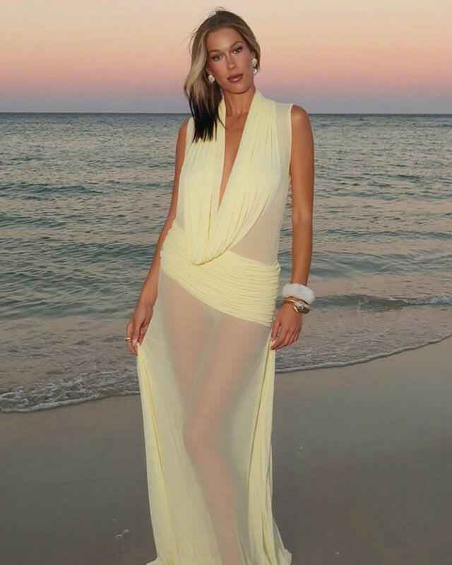 Sexy Swing Collar Mesh See-through Long Dresses - Muselune