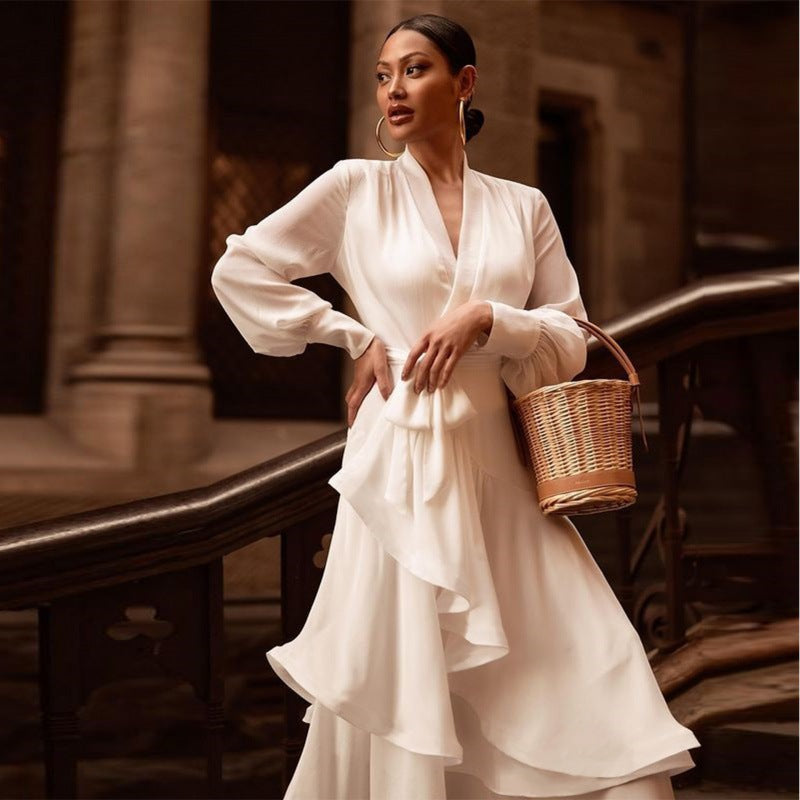 V-neck Long Sleeve Ruffle Prom Dress