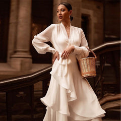 V-neck Long Sleeve Ruffle Prom Dress