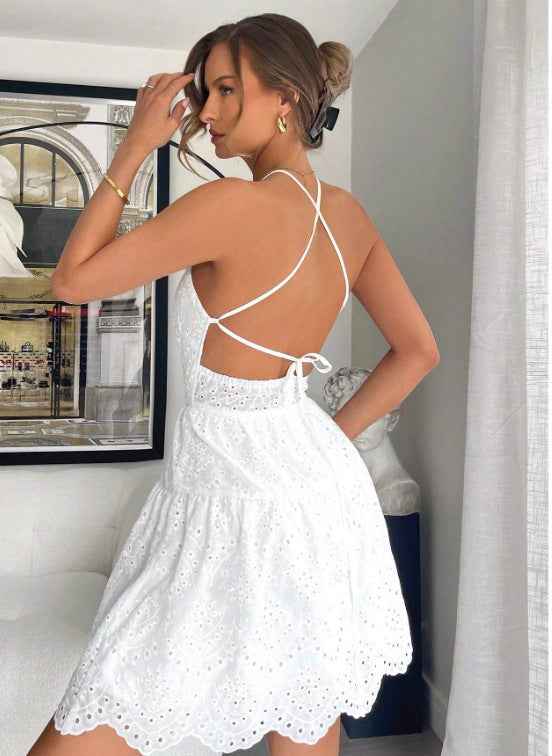 Lace Patchwork High Waist A- Line White Dresses - Muselune