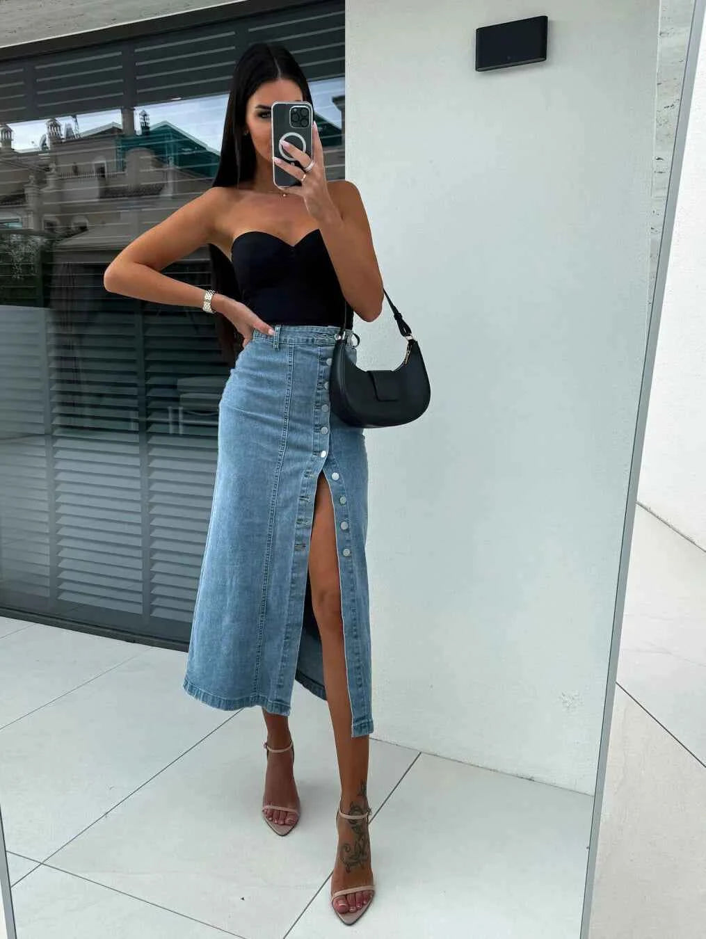 Vintage Split Denim Skirt – High-Waisted & Chic - Muselune