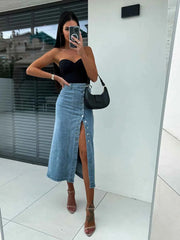 Vintage Split Denim Skirt – High-Waisted & Chic - Muselune