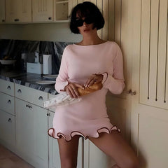 Chic Party Mini Dress – Slim Fit, Long Sleeve, Round Neck - Muselune