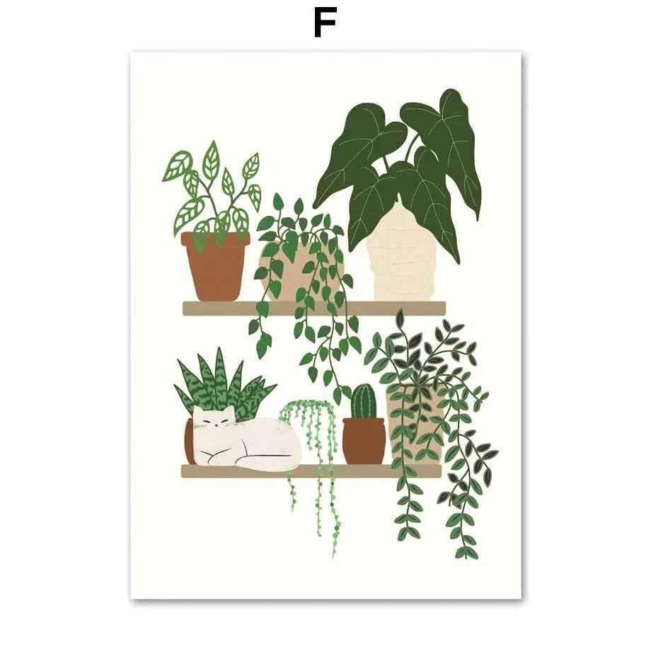 Black Cat & Green Plants Canvas – Abstract Boho Aesthetic Wall Art - Muselune