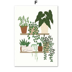 Black Cat & Green Plants Canvas – Abstract Boho Aesthetic Wall Art - Muselune