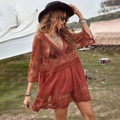 Sexy Mesh Bikini Cover-Up – Deep V-Neck Lace Beach Dress - Muselune