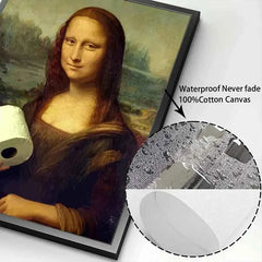 Funny Mona Lisa Bathroom Canvas – Quirky Wall Art with Pearls & Paper Roll - Muselune