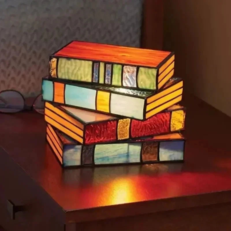 Stained Glass Stacked Books Lamp – Handcrafted Night Lighting / Decor - Muselune