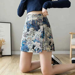 Bear Embroidered Mini Skirt – A-line with Split Detail - Muselune