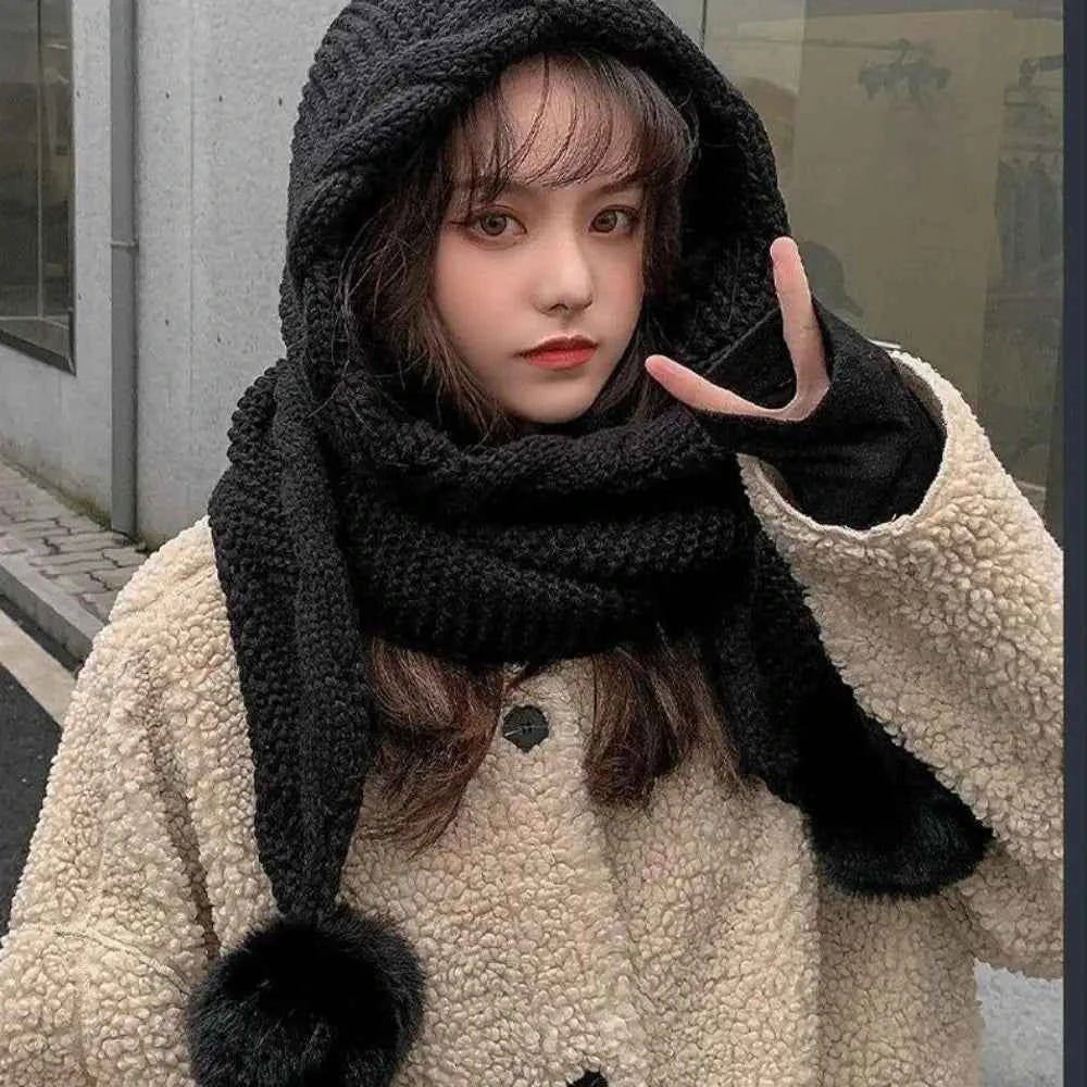 Cute Hooded Hat Ear Protection Thickened Knitted Hat /Scarf
