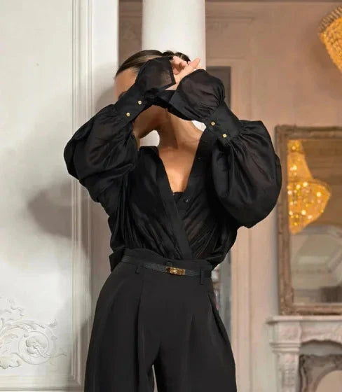 French Sexy Sheer with Puff Sleeves Style Shirt