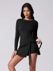 Sports Long Sleeve Backless Yoga Tennis Jumpsuit Dress Muselune