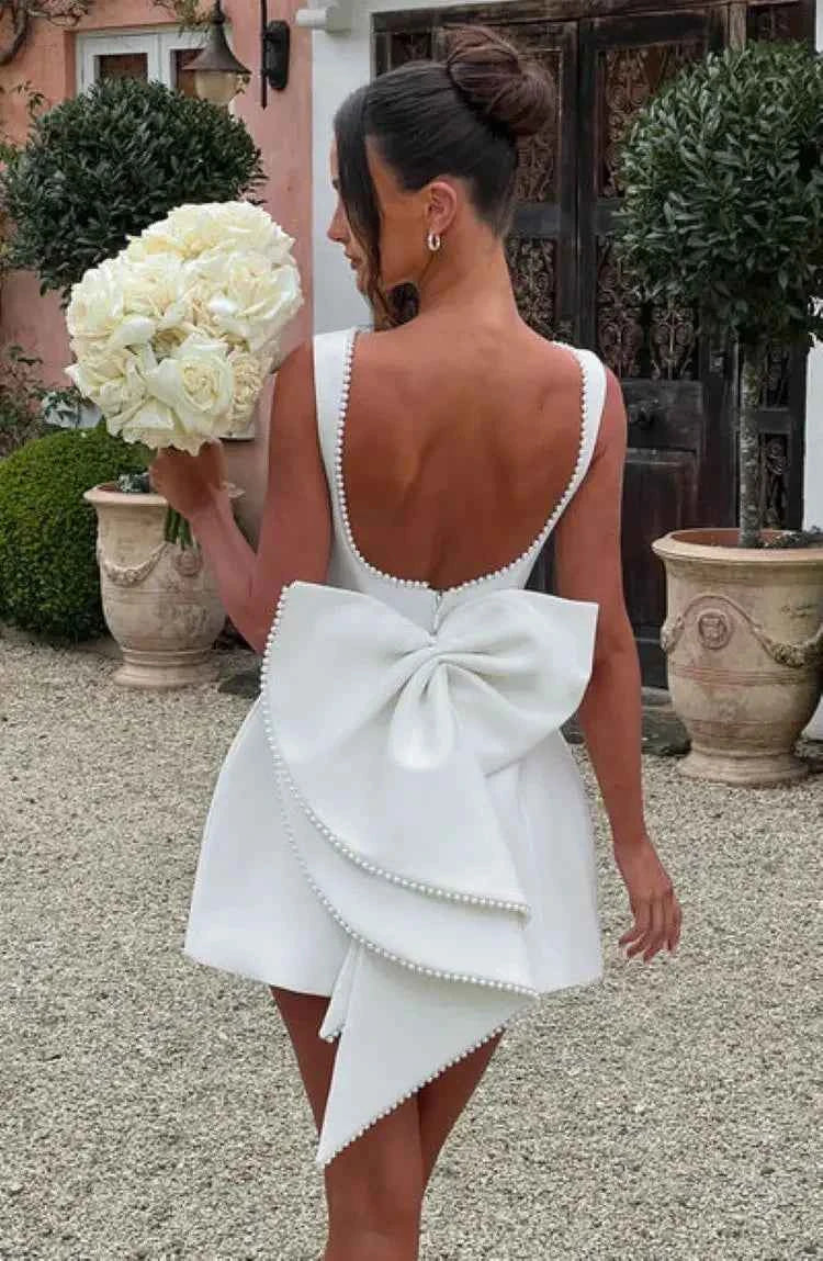Elegant Pearl Bow Backless Mini short Dress - Muselune
