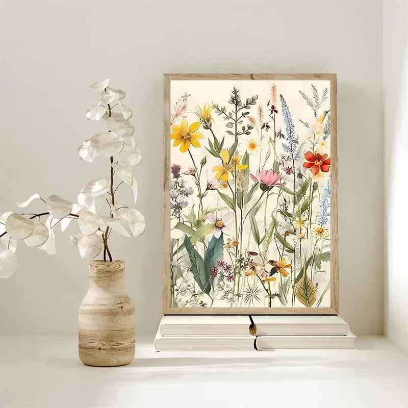 Modern Botanical Watercolor Canvas – Wild Flowers & Leaves Wall Art - Muselune