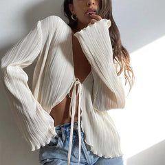 Pleated Plain V- Neck Tie Up Cardigans Tops - Muselune