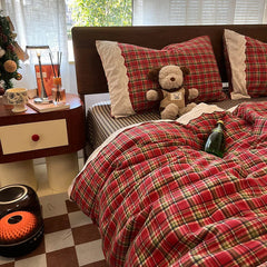 Vintage Retro Red Grid Bedding With Pillowcases - Muselune