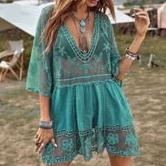 Sexy Mesh Bikini Cover-Up – Deep V-Neck Lace Beach Dress - Muselune