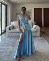 Contessa Prom Dress – Blue V-Neck with Side Split & Train - Muselune