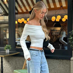 WhereMery Off-Shoulder Ribbed Crop Top - Muselune