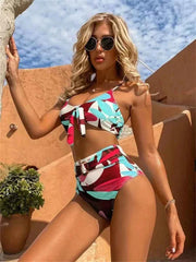 Floral Triangle Bikini Set – High Waist 3-Piece with Push-Up - Muselune