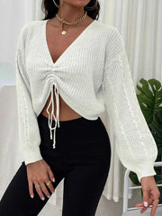 White Deep V-Neck Knit Crop Slim Top - Muselune