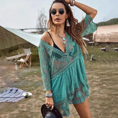Sexy Mesh Bikini Cover-Up – Deep V-Neck Lace Beach Dress - Muselune