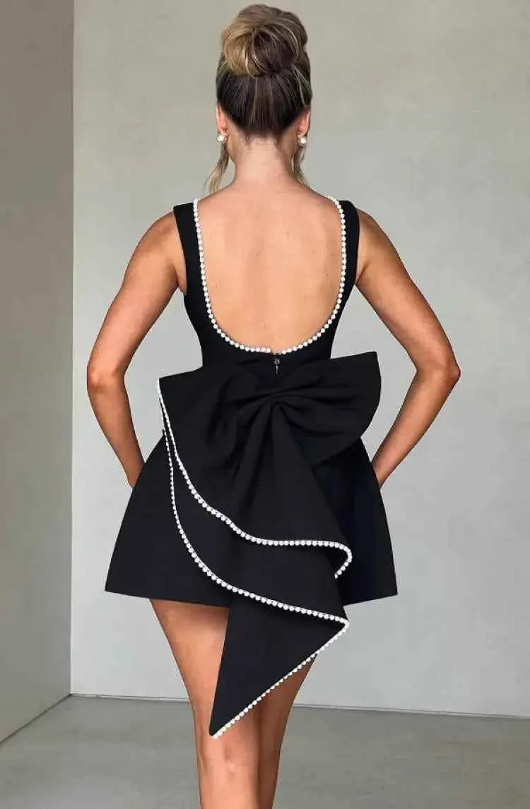 Elegant Pearl Bow Backless Mini short Dress - Muselune