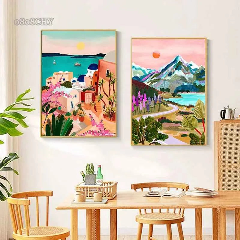 Colorful Mountain City Canvas – Abstract Travel-Inspired Wall Art - Muselune
