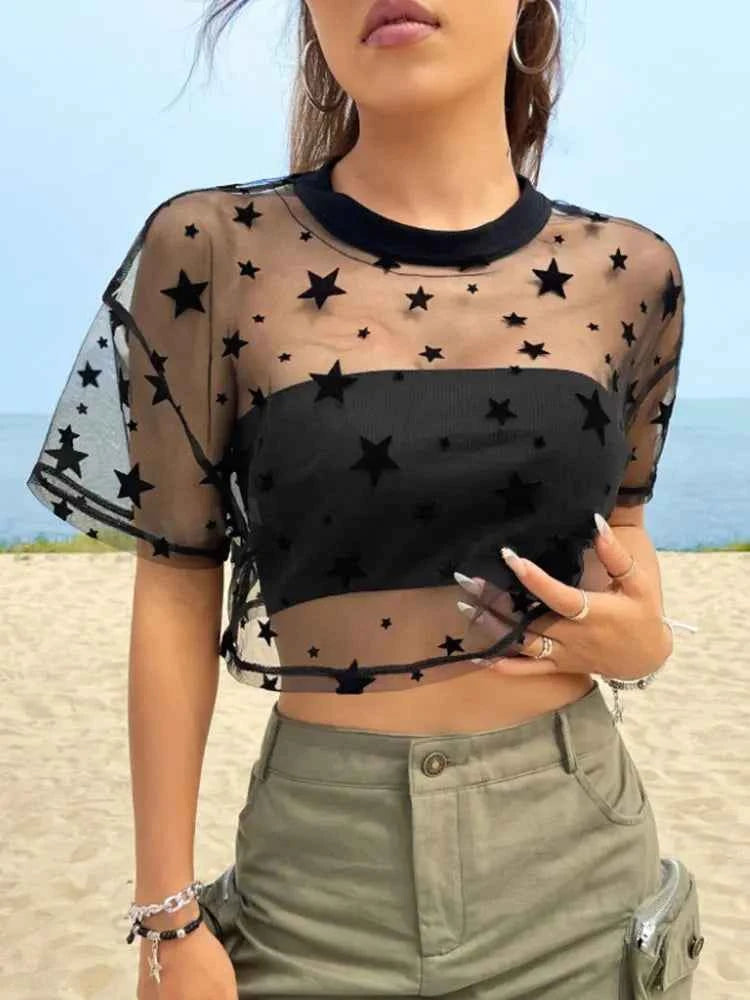 Star Print Mesh Crop Top – Drop Shoulder, Summer Style - Muselune